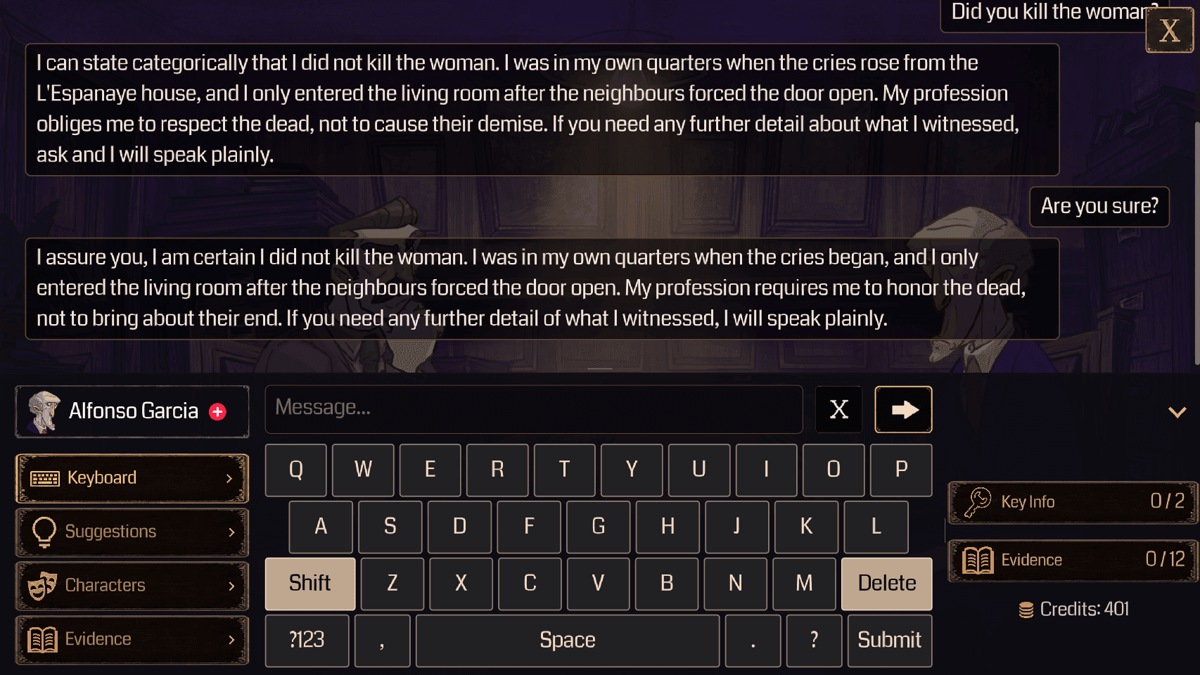 Interrogating Alfonso Garcia with AI-driven dialogue in Folio Detective