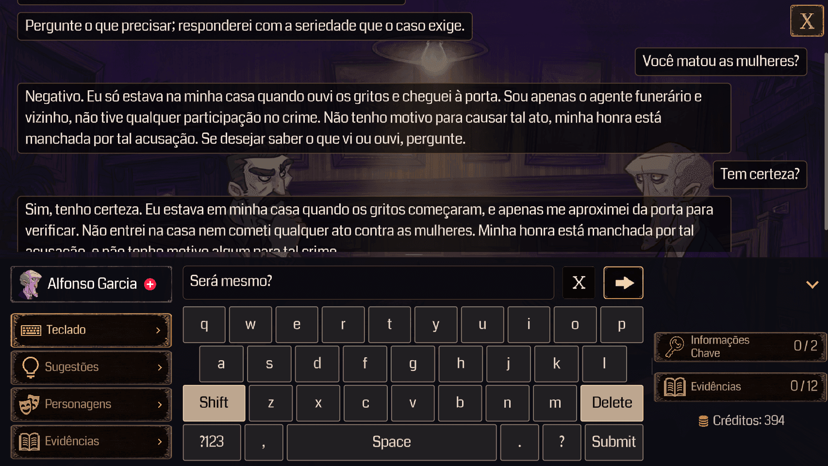 Interrogando Alfonso Garcia com diálogo guiado por IA no Folio Detective